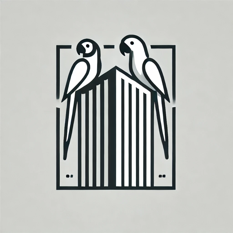 The image depicts a minimalist, stylized logo featuring two parrots perched on either side of a geometric structure that resembles a tall building with vertical lines. The design is enclosed within a rectangular frame, giving it a modern and symmetrical appearance. The parrots are facing each other, creating a balanced and cohesive look. The overall color scheme is monochromatic, likely in shades of black, gray, or white, which adds to the sleek and contemporary feel of the logo.