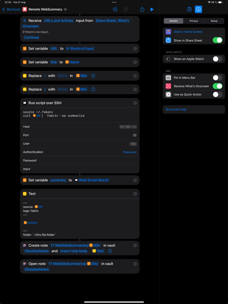 Screenshot of an Apple Shortcut interface in dark mode, displaying various actions. The actions include retrieving URLs, setting variables, replacing files, running scripts over SSH, and summarizing text. Detailed description in the text.