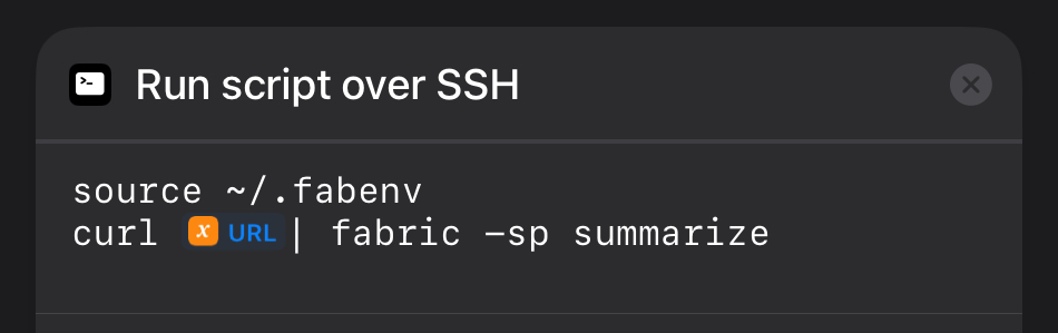 A command line interface with a dark background and light text displays two commands. The first command, source ~/ .fabenv, sources an environment file from a hidden directory in the user’s home directory. The second command, curl 🌐URL | fabric -sp summarize, uses ‘curl’ to fetch data from a placeholder URL represented by a globe emoji, then pipes it into ‘fabric’ with the options ‘-sp summarize’. This setup is relevant for shell scripting or running scripts over SSH.