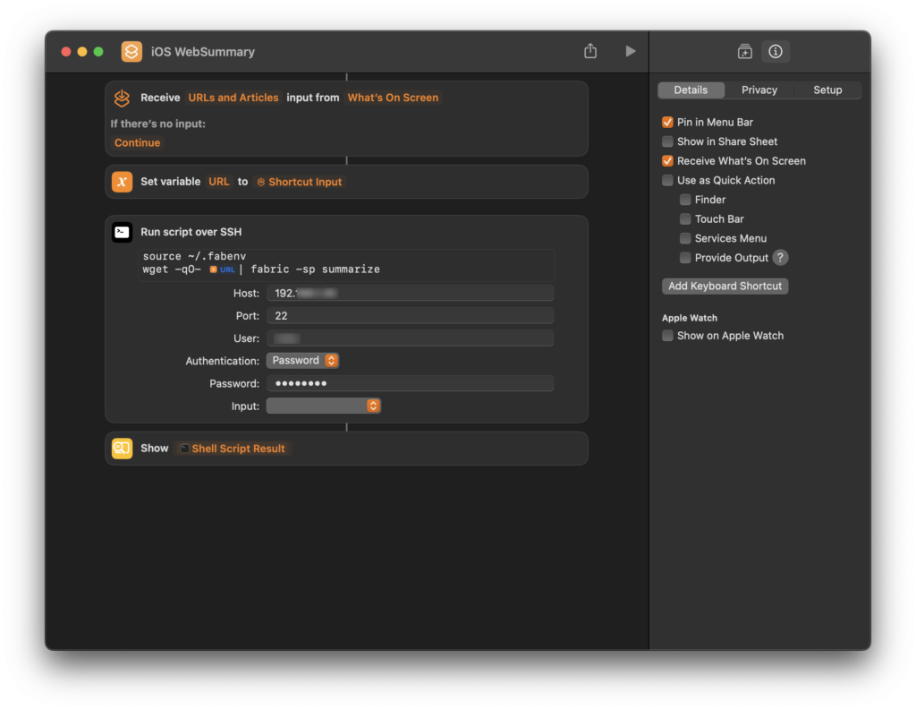 The image shows a macOS Shortcut named “iOS WebSummary.” This shortcut automates the process of summarizing a webpage’s content using SSH to execute a command on a remote server.Explaination see text