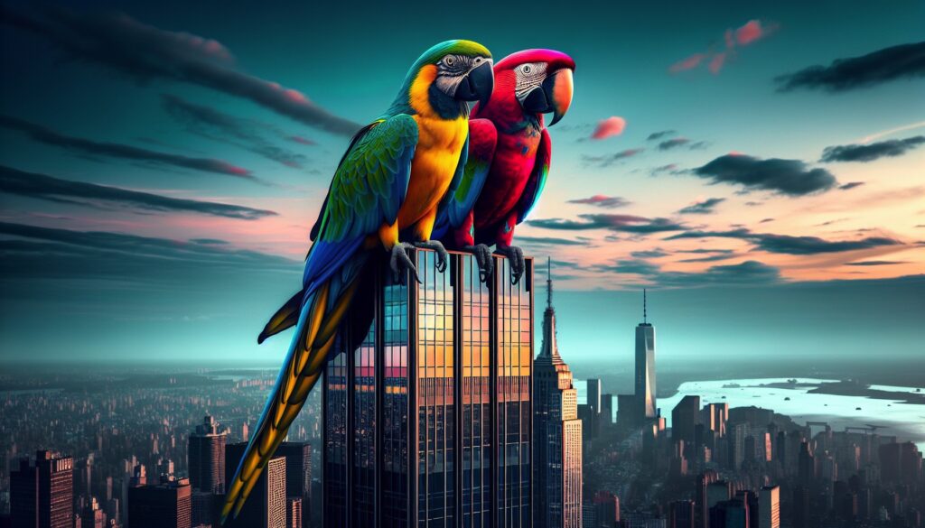 Two colorful parrots, one green and yellow and the other red, are perched on the edge of a tall skyscraper. The skyline of a city, including the Empire State Building and One World Trade Center, is visible in the background under a dramatic sky at sunset, filled with clouds and vibrant colors.