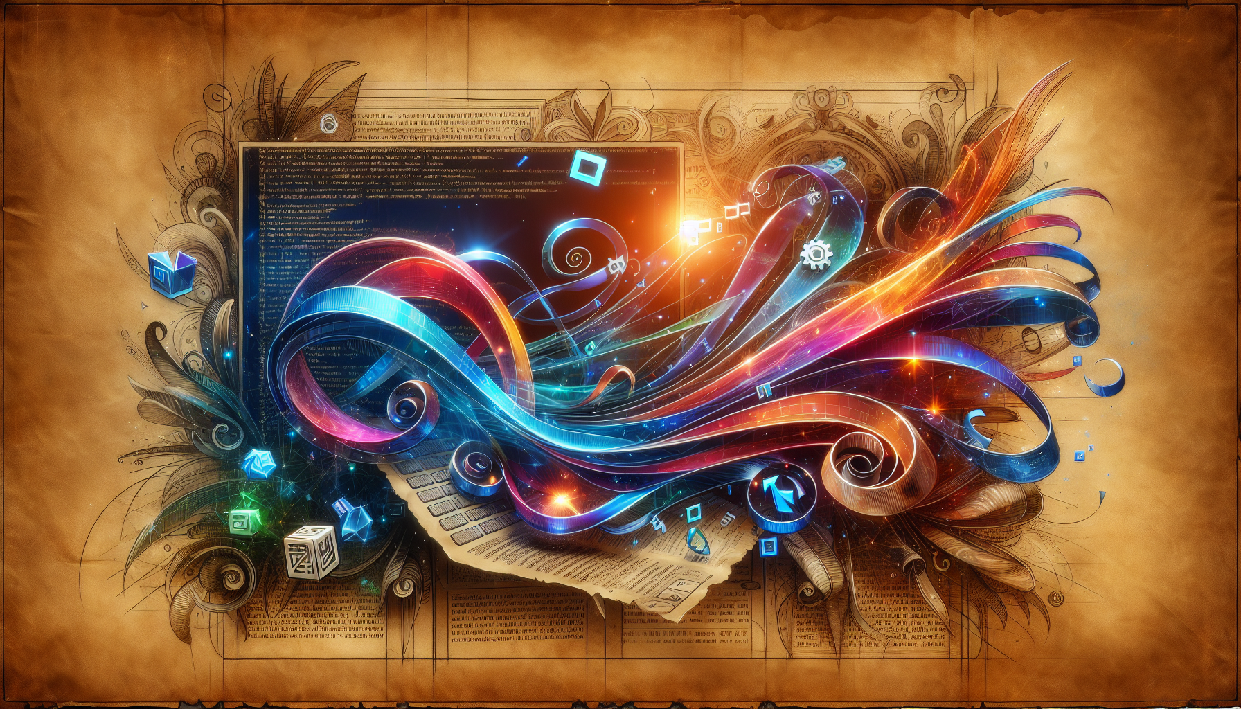 An abstract and colorful digital artwork featuring a swirling design with vibrant, flowing lines and geometric shapes. The central focus includes a dark screen with code, surrounded by elements like boxes and icons, all set against a textured, golden-brown background. The composition evokes a sense of creativity and technology.