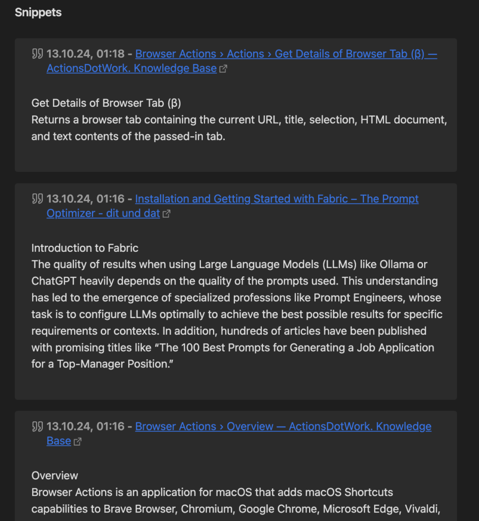 A screenshot displaying snippets on an Obsidian note. The first snippet describes a feature for retrieving details of a browser tab, including current URL and HTML document. The second snippet introduces Fabric, emphasizing the importance of prompt quality in using large language models. The third snippet provides an overview of the Browser Actions application for macOS, which adds shortcut capabilities for various browsers. It's an example for the result of the shortcut.