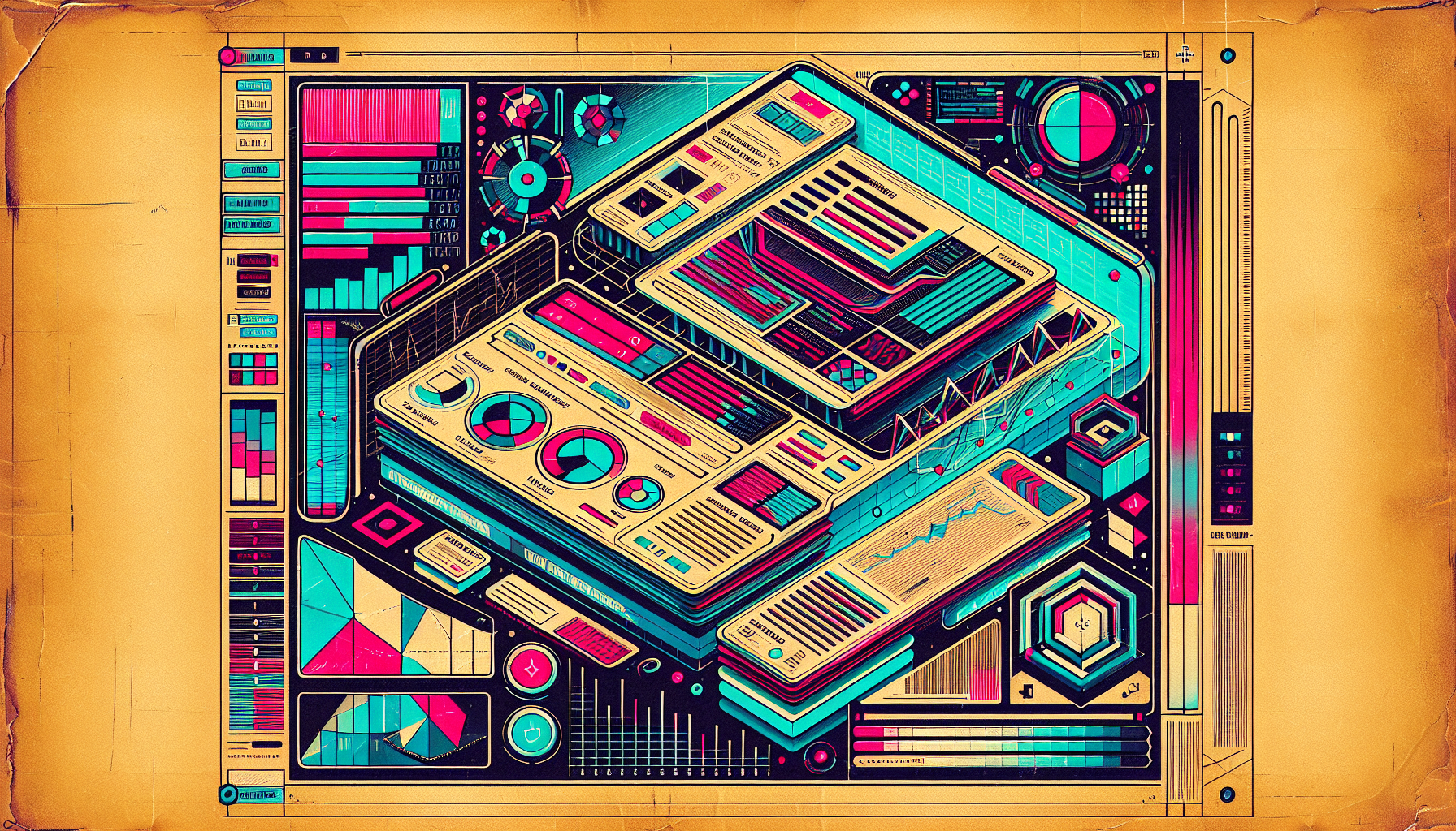 The image is a colorful, abstract representation of a digital interface or dashboard. It features various geometric shapes, charts, and graphs, including pie charts and line graphs, set against a brightly colored, stylized background. The design has a retro-futuristic aesthetic, with vibrant hues of pink, blue, and yellow. The overall layout suggests data visualization, analytics, or control panels commonly found in technology or sci-fi themes.