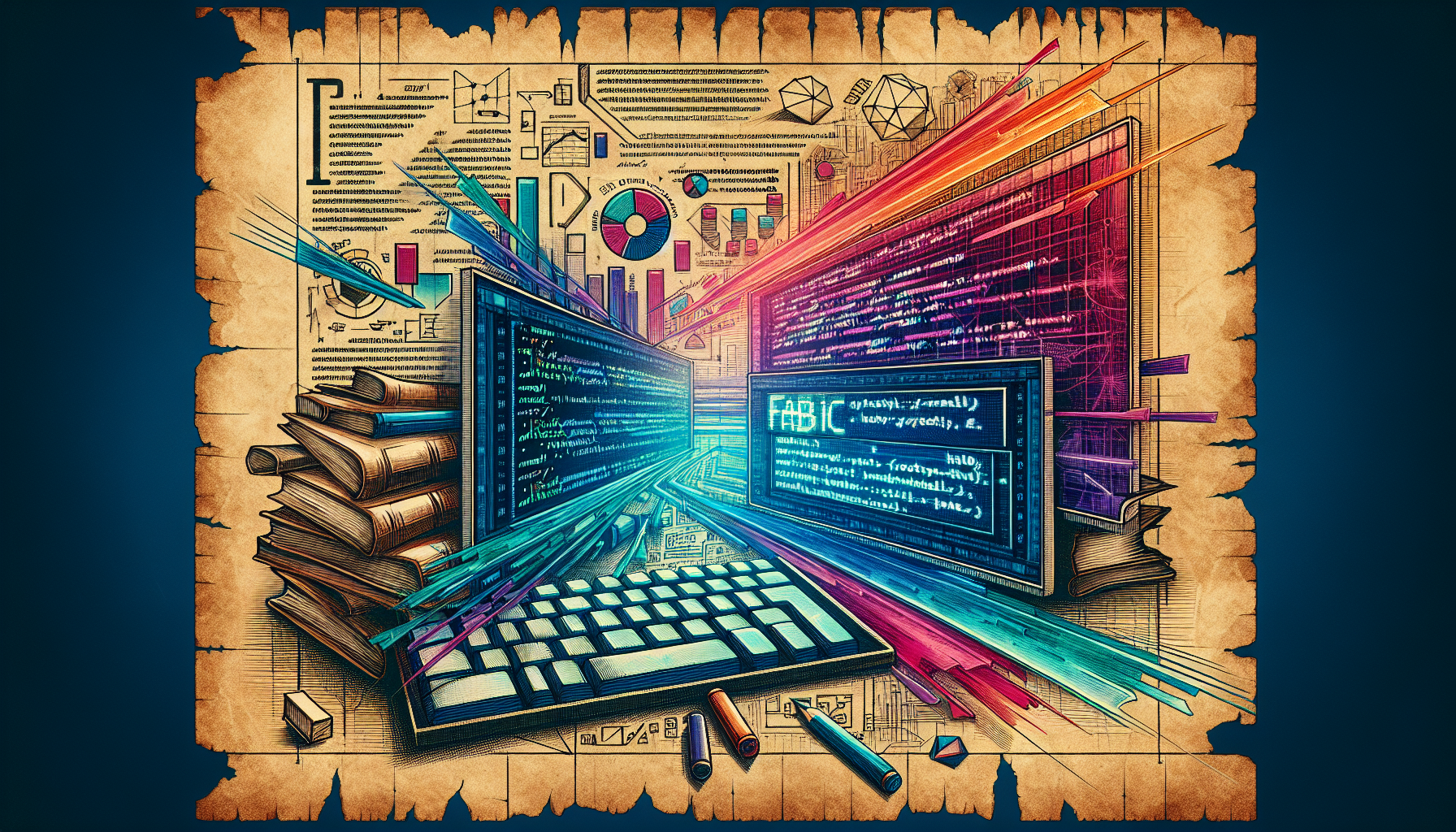 The image depicts a vivid and colorful illustration of two computer monitors facing each other, displaying lines of code. The monitors are surrounded by abstract bursts of color and energy, suggesting a sense of motion and digital activity. In the foreground, there is a keyboard along with some colored markers. In the background, various geometric shapes and graphs are visible, contributing to a theme of technology and data analysis. The overall design has a parchment-like texture, framing the futuristic elements and enhancing the artistic representation of computing.