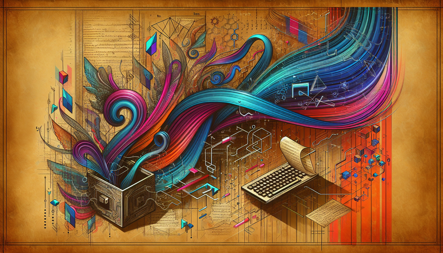 The image depicts an artistic representation featuring a box from which colorful and dynamic waves emerge in various colors. These waves consist of curved lines and geometric shapes moving in different directions. On the right side of the image, there is a stylized keyboard, and next to it lies a rolled-up sheet of paper. The background has a warm, golden hue and contains schematic drawings and mathematical symbols, conveying a blend of creativity and technology.