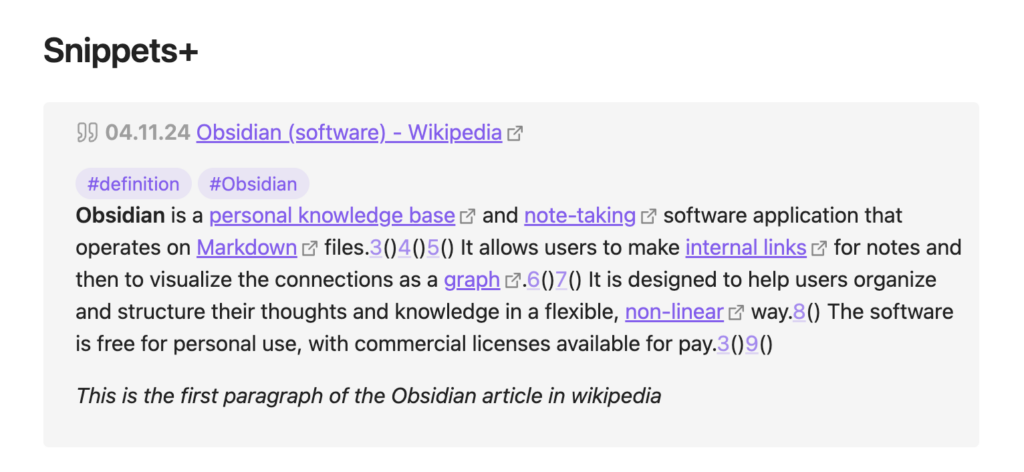 The image displays a section from a Wikipedia article about "Obsidian," a software application designed for personal knowledge management and note-taking. It mentions that Obsidian operates on Markdown files, allows users to create internal links for notes, and helps visualize connections as a graph. The text notes that it enables users to organize and structure their thoughts in a flexible, non-linear manner, and is free for personal use, with commercial licenses available. There are hashtags and citations included in the passage.