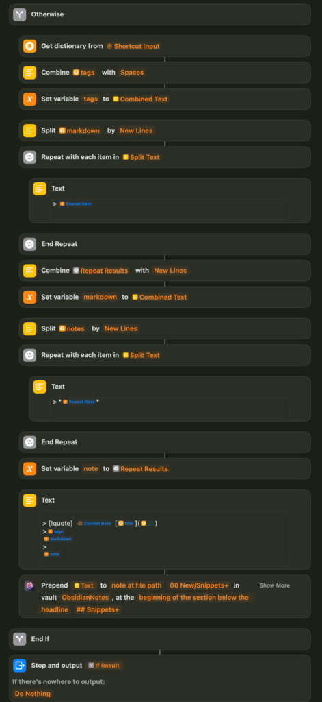 The image contains a series of programming or scripting commands used to automate tasks in a web browser environment. It seems to involve selecting and manipulating elements within a web page, specifically:

1. Receiving input and checking if a shortcut input exists.
2. Retrieving details from the active browsing tab.
3. Opening a file (a snippet) in a new tab.
4. Setting values for various form fields (like markdown content, URL, and title) based on the current selection and page context.
5. Clicking an element on the page identified by a CSS selector.

The commands suggest a focus on web automation, potentially for tools or scripts designed to assist with form filling or data retrieval in a browser.