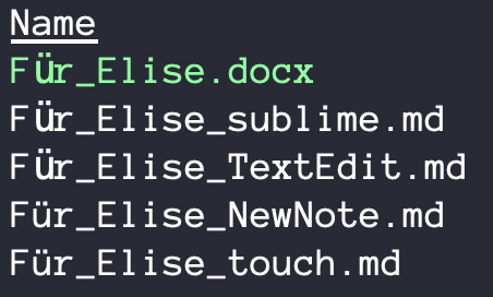 Image shows how different the 'ü' looks when doing a ls command on NFC and NFD normalized filenames. The NFD letters look like not part of the font-set.