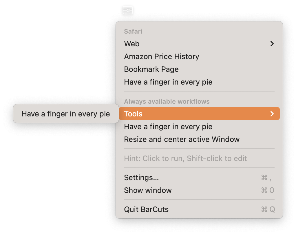 Image shows a BarCuts Menu woth several entries. Description below in the text