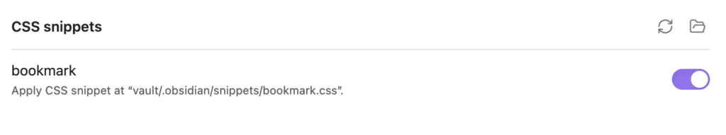Obsidian CSS-Snippets settings dialog with bookmark CSS loaded and activated
