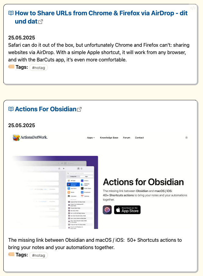 Example of bookmarks. The first one show a bookmark with no preview image, the second one with preview image.