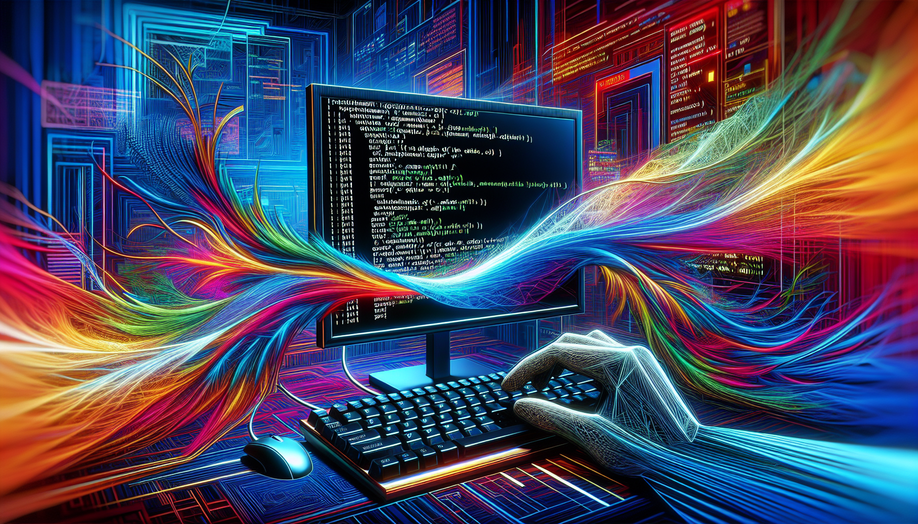 A computer in front of a colorful background. Only meant as visual candy.