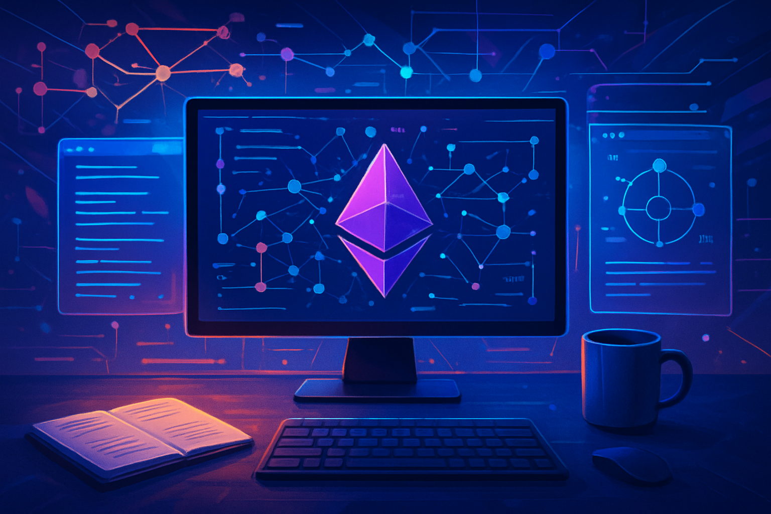 Ethereum logo on a computer monitor with network diagrams in a futuristic workspace