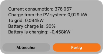Basic solar widget showing consumption 376.067, PV charge 0.929 kW, grid feed-in 0.094 kW, and 30% battery charge