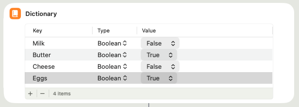 Shortcut dictionary listing Milk false, Butter true, Cheese false, and Eggs true