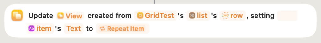 Shortcuts action updates a row in GridTest’s list, setting the item’s Text property to Repeat Item