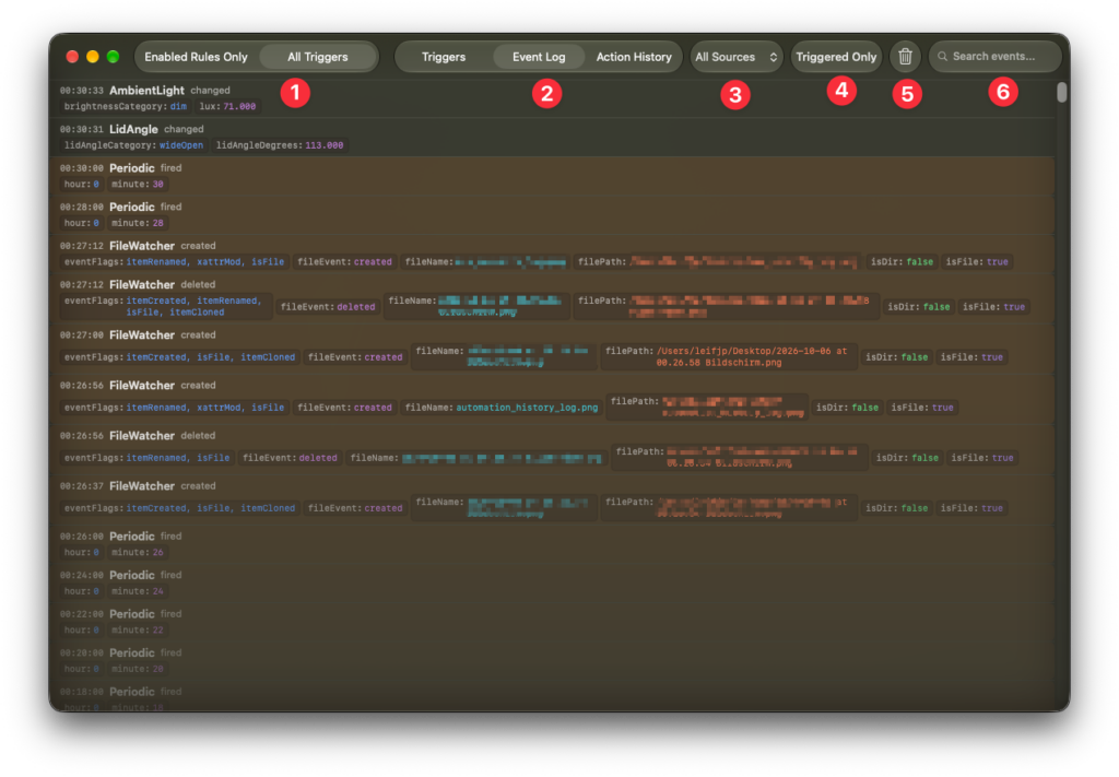 Image shows the event-log screen There are numbers used in the text for explanation.