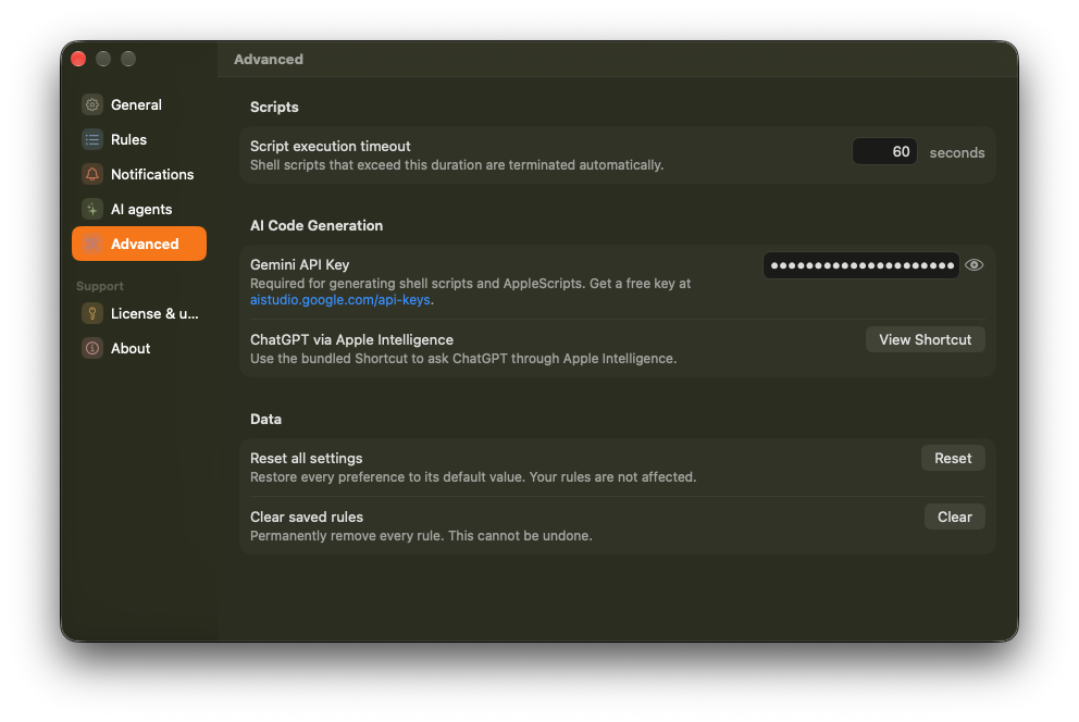 Image shows the Advamce setting screen. Here you can connect Crank script development  to Gemini