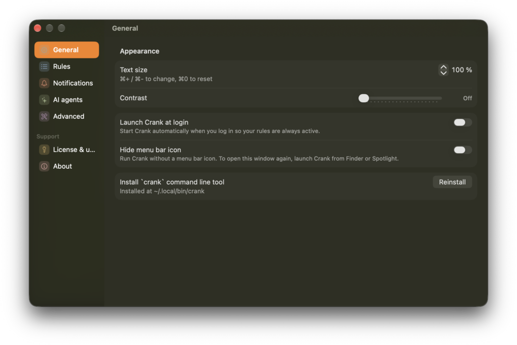 Image shows the general setting screen. With the option to install the cli Crank tool