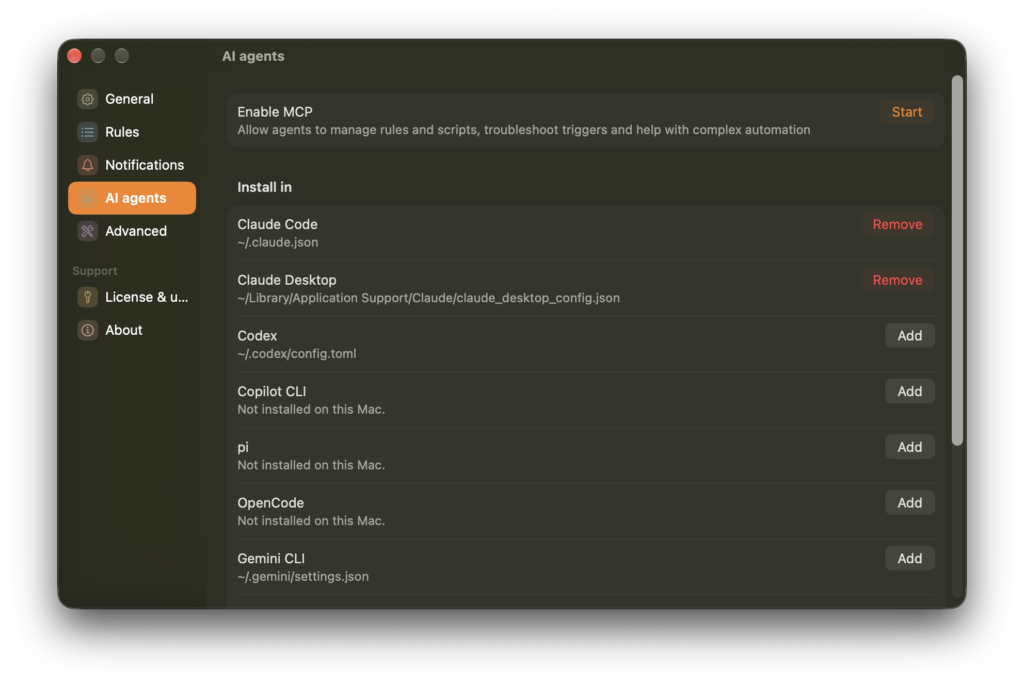Image shows the AI-agent settings screen fpr starting MCP Server and connecting AIs